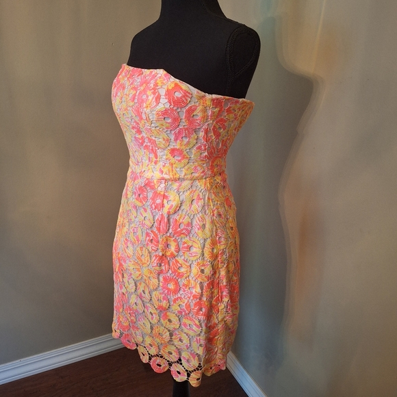 Lilly Pulitzer Strapless Pink and Yellow Festival Dress Crochet Neon Sz 0 - Picture 3 of 16